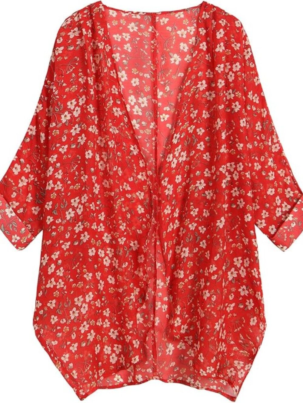 Women's Floral Print Sheer Chiffon 3/4 Cuffed Bat Sleeve Kimono Size XXL